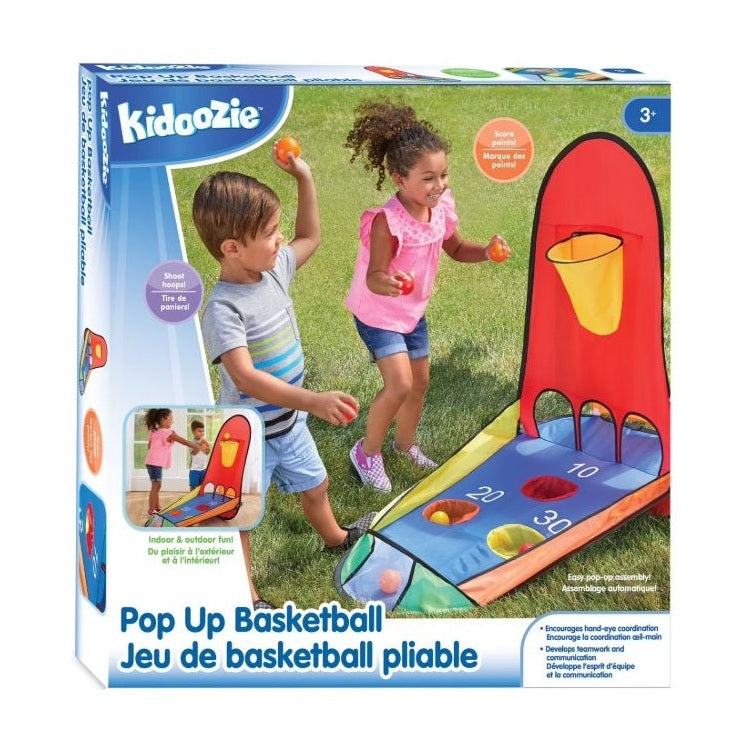 Kidoozie Pop Up Basketball toy set packaging with children playing outdoors.
